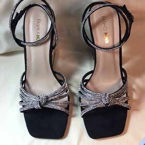 Fashion Nova Black Rhinestone Knot Ankle-Strap Block Heels